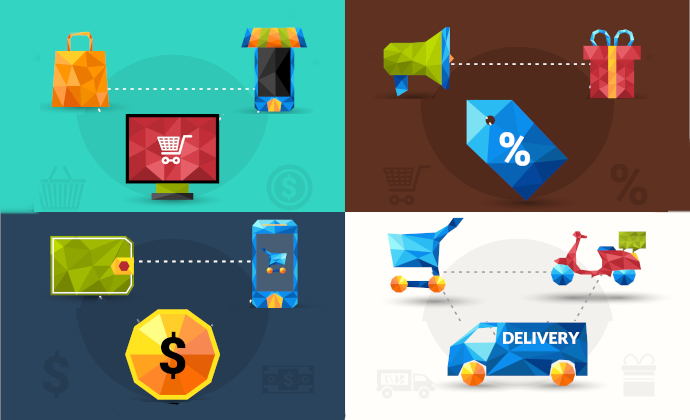E-commerce design concept set with online market promotion payment delivery polygonal icons isolated vector illustration